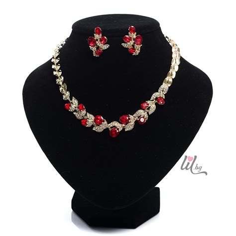 Златисти бижута с червени кристали - Магазин Lady In LOVE