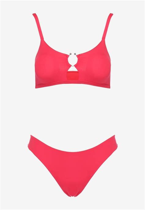Czerwone Dwuczęściowe Bikini Usztywniany Biustonosz Zakładany przez Głowę z Ozdobną Klamerką Dół