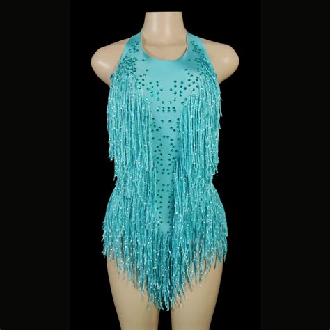 Sparkly Rhinestone Fringe Bodysuit Women Nightclub Party Dress Dance Costume Stage Wear Sexy