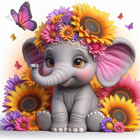 Adorable Elephant With Sunflowers And Butterflies