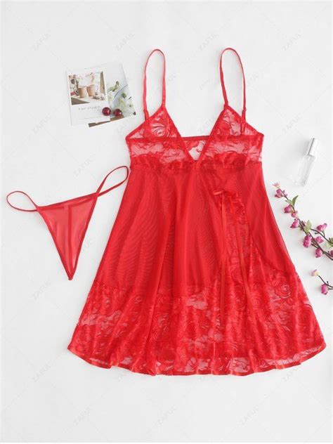 Off Sheer Lace Babydoll Slip Dress Lingerie Set In Red Zaful