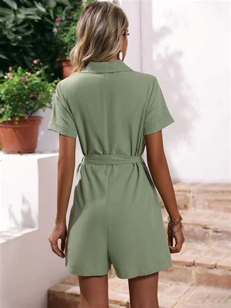 Roll Up Sleeve Belted Shirt Romper Comfy Jumpsuits