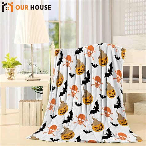 Halloween Skull Pumpkin Lanterns Skull Bats Flannel Fleece Bed