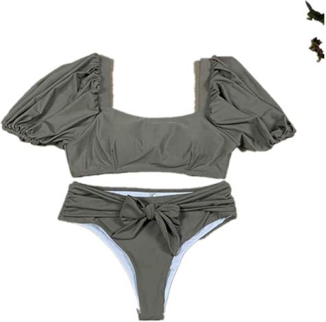 Womens Swimming Costumes Puff Sleeve Bikini Set Bow Knot Bikinis Sexy Bandeau Swimsuit Women