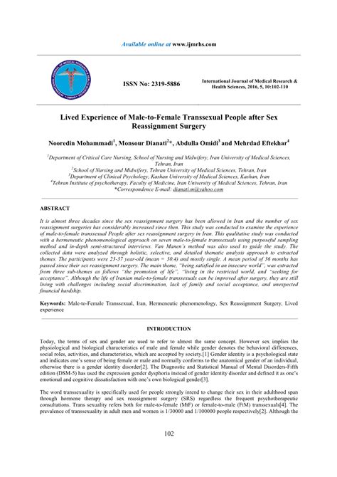 Lived Experience Of Male To Female Transsexual People After Sex Reassignment Surgery DocsLib