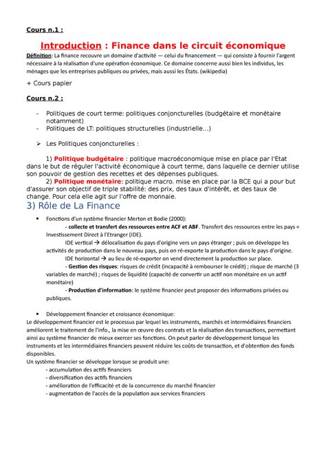 cours finance cours  introduction finance dans le circuit