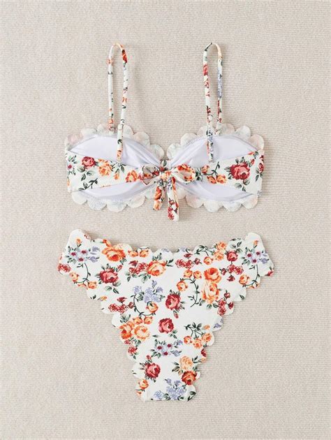 Swim Mod Women Floral Print Ruffle Trim Camisole Bikini Two Pieces Swimwear For Beach Summer