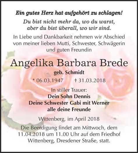 Traueranzeigen Von Angelika Barbara Brede Abschied Nehmen De