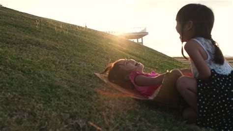 Happy sisters playing at the park slides down from the grassy hill