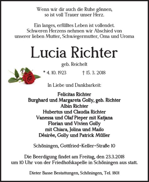 Traueranzeigen Von Lucia Richter Trauer38 De