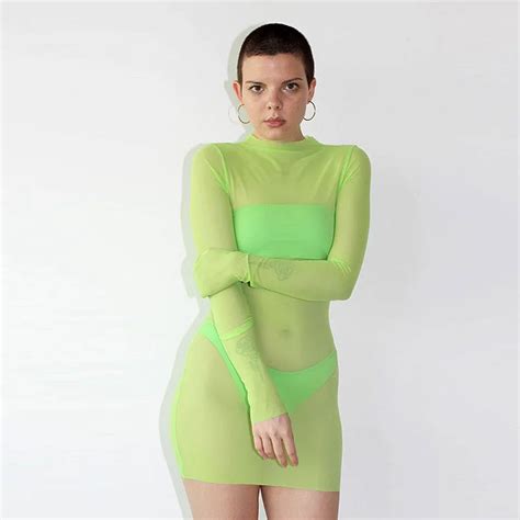 Hot Sexy Mesh Transparent Dress Women Perspective Dress Clubwear Mesh Long Sleeve Bottoming Sexy
