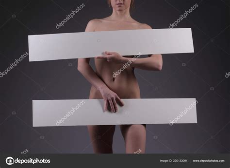 Nude Woman Holding Blank Banner Stock Photo By Zhagunov