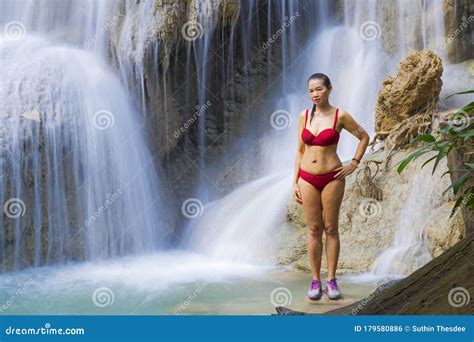 Woman Pretty With Red Bikini At Erawan Waterfall And Natural Stock Photo Image Of Cool