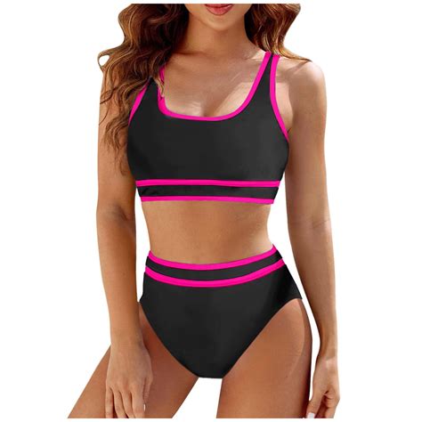 Qhfbli Womens High Waisted Bikini Sets Sporty Two Piece Swimsuits Color Block Cheeky High Cut