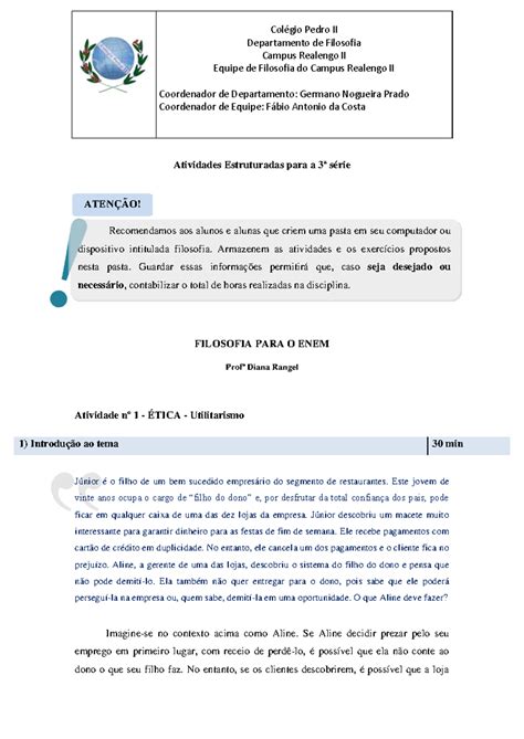 Atividade 01: Ética e Utilitarismo na Filosofia para o ENEM - Studocu