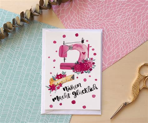 Postkarte Nähen macht glücklich Näherin Etsy