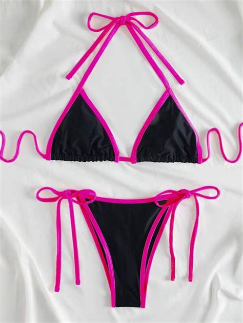 Shein Swim Vcay Ba Ador Bikini Tanga Tri Ngulo Unido En Contraste