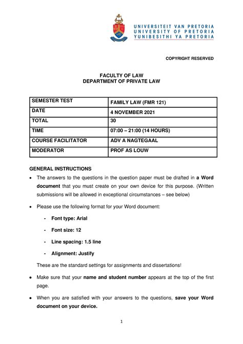 FMR 121 Semester Test 2021 COPYRIGHT RESERVED FACULTY OF LAW