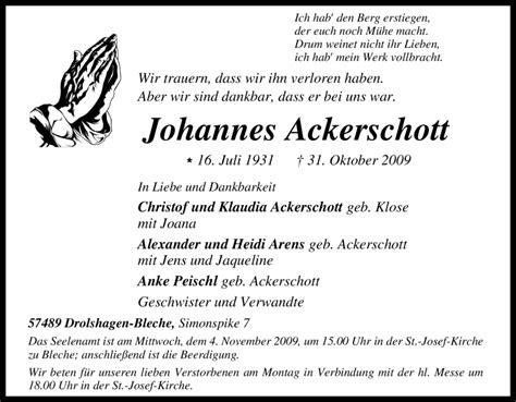 Traueranzeigen Von Johannes Ackerschott Trauer In Nrw De