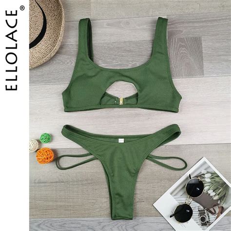 Ellolace Sexy Bikini Aushöhlen Badeanzug Weibliche High Cut Bademode Solide Mode Badeanzug