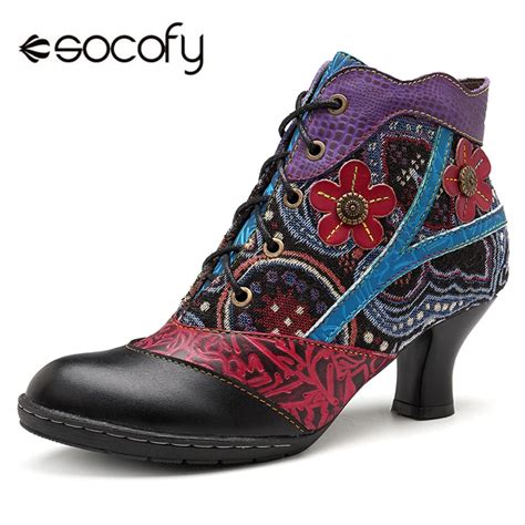 Socofy Retro Bohemian Women Boots Genuine Leather Splicing Handmade