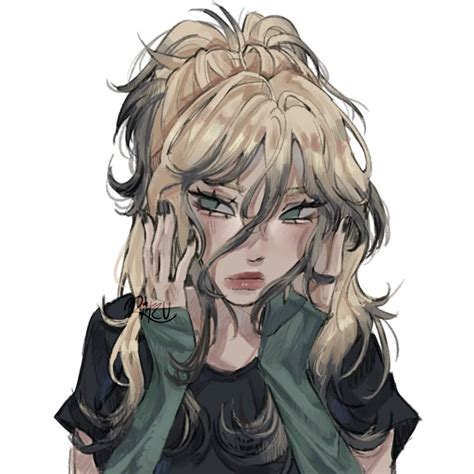 A Drawing Of A Blonde Haired Woman With Her Hands On Her Face And One Hand Near Her Head