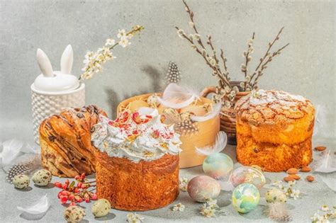 Premium Photo Traditional Easter Cakes With Eggs And Pussy Willow Branches