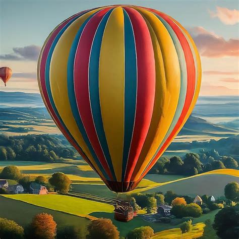 Premium Vector Hot Air Balloon Flying Over The Colorful Fields Hot Air Balloon Flying Over The