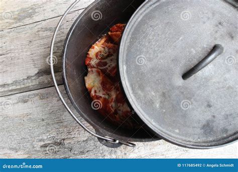 Cast Iron Dutch Oven Lid Open Stuffed Shells Lunch Stock Photo Image