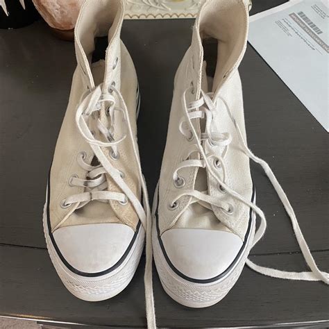 White High Top Platform converse, a little stained... - Depop