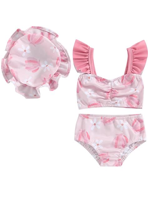 Mevireiy Baby Girls Bathing Suit Floral Print Tankini Tops Bikini Bottoms Shorts Sun Hat