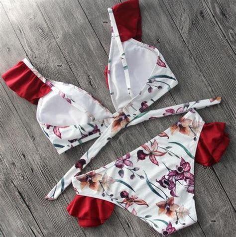 Sexy Edge Red Lotus White Floral Print Two Piece Bikini On Luulla