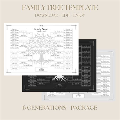 Editable 6 Generation Family Tree Chart Package, DIY Genealogy Chart ...