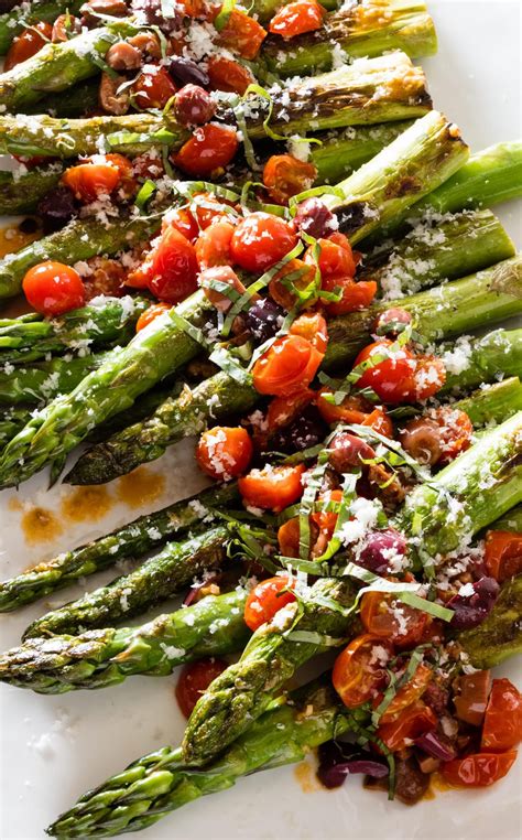 Pan Roasted Asparagus With Cherry Tomatoes And Black Olives A Hot Pan