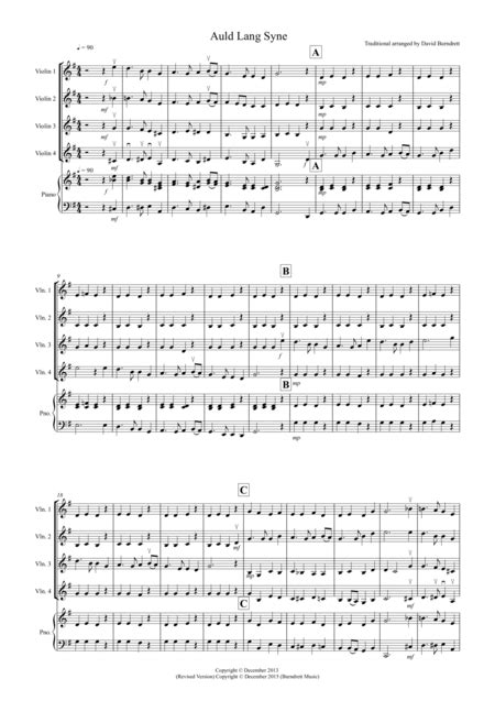 Auld Lang Syne For Violin Quartet Arr David Burndrett By Traditional