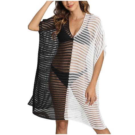 Fatyb Women S Summer Crochet Swimsuit Color Block Hollow Out Bikini Coverups Loose Split Beach