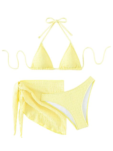 Shenhe Women S Piece Textured High Cut Halter Triangle Bikini Swimsuit With Cover Up Yellow