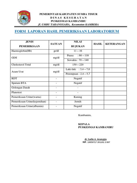Form Laporan Hasil Pemeriksaan Lab Pdf