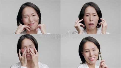Asian Mature Woman Showcasing Skin Care Routines In A Vibrant Collage Stock Video Video Of