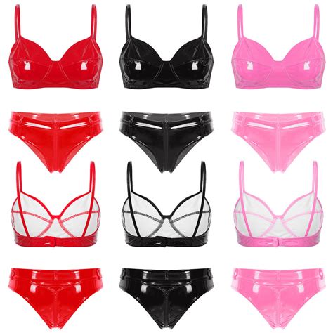 Yeahdor Womens Wet Look Patent Leather Lingerie Set Wire Free No Pad