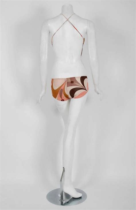 1969 Emilio Pucci Documented Pink And Brown Graphic Print Cut Out Bikini Swimsuit At 1stDibs