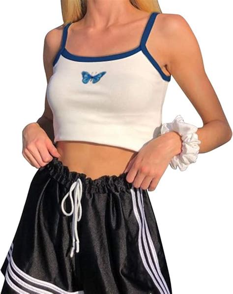 Crop Tops Damen Sommer Teenager Mädchen Sexy Schmetterling Stickerei Spagehtti Träger Top