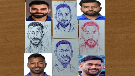 Ms Dhoni Virat Kohli Pen Drawing L Rohit Sharma Hardik Pandya Sketch