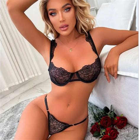 Custom Floral Embroidered Lingerie Set Hollow Out Transparent Panty And