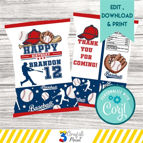 Baseball Chip Bag Sport Chip Bag Baseball Topper Baseball Birthday
