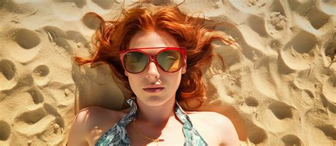 Beautiful Redhead Woman In Bikini Lying On Sandy Beach Shading Eyes With Hands Stock