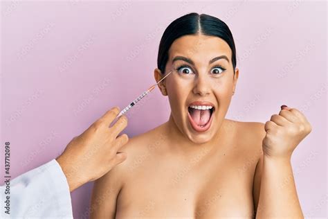 Beautiful Brunette Woman Having Botox Injection Anti Aging Lifting Screaming Proud Celebrating