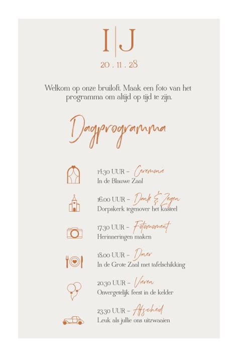 Stijlvol Bruiloftsbord Met Programma Van De Bruiloft