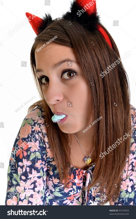 Sexy Brunette Girl Wearing Halloween Costume Stock Photo 91674554 Shutterstock