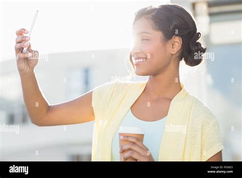 Smiling Beautiful Brunette Taking Selfie Stock Photo Alamy